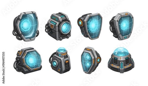 Collection of Futuristic blue glowing control buttons technology.