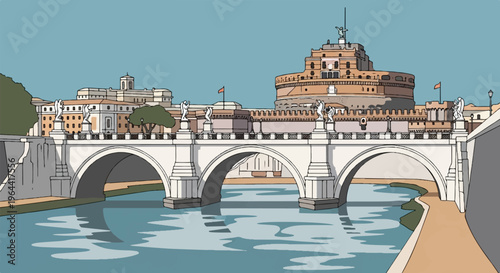 Stylized bridge arches over a river with a fortress and buildings