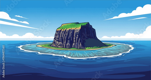 A small, verdant island with a sheer cliff rises from the blue ocean