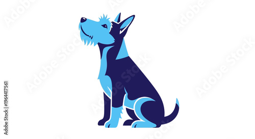 A blue and dark blue illustration of a dog sitting and looking up against a white background