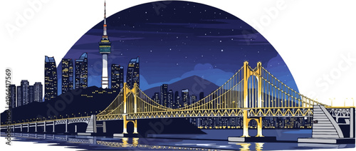 Stylized pixelated cityscape with a suspension bridge at night