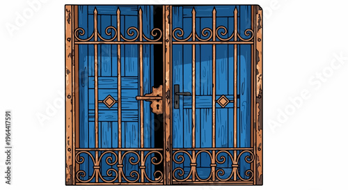 Rustic blue wooden double doors with ornate metal gate and old hardware