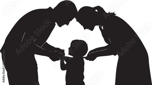 Family silhouette, parents and child, black vector icon, family unity, love and support