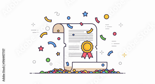 A colorful illustration of a certificate surrounded by confetti and stars on a celebratory background with a laptop