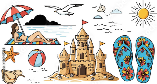 A sunny beach scene with a woman relaxing under an umbrella, sandcastle, and flip-flops