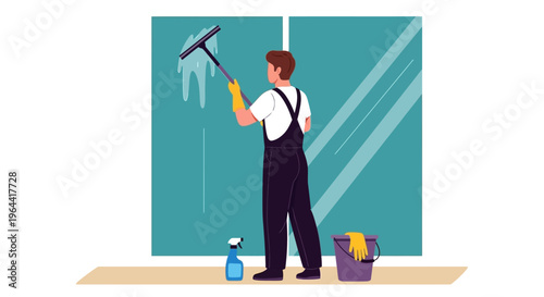 A man in overalls cleaning a window with a squeegee and bucket on a beige floor against a teal background.