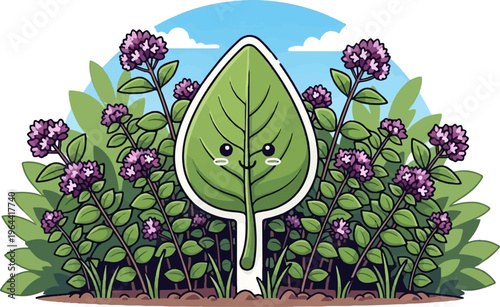 Cute cartoon leaf character smiles among blooming purple flowers and green foliage