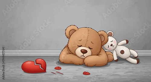 Sad teddy bears and a broken heart lie on a concrete floor