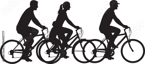 Black bicycle riders, cycling silhouettes, bike icons, vector graphics