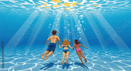 Three people swimming underwater, holding hands, with sun rays and bubbles