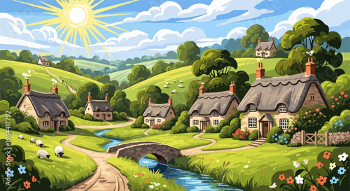 Sun shines on a quaint village with thatched-roof cottages and sheep