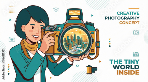 Creative photography concept illustration featuring a smiling female photographer holding a DSLR camera with a tiny city world inside the lens in colorful flat cartoon style. Perfect for photography.