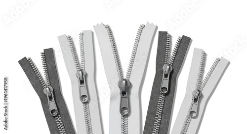 Collection of assorted zippers in various shades of gray on a white background