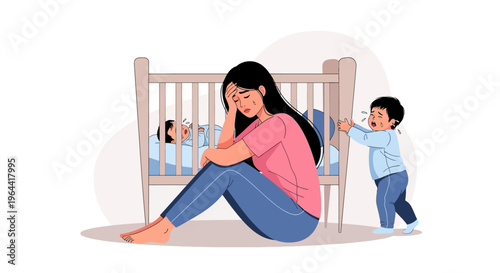 Illustration of a stressed mother sitting on the floor with a toddler pushing a crib containing a baby against a white background