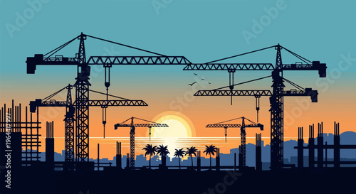 Silhouetted cranes and unfinished buildings at sunset by the sea