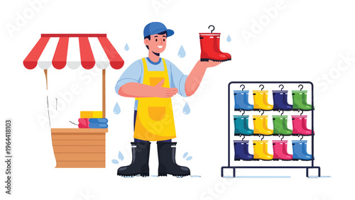 Boot Seller in Rain: A smiling vendor, stands amidst a gentle rainfall, holding a vibrant red boot, with a colorful array of wellington boots displayed ready for sale.