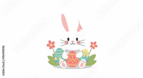 Easter bunny holds colorful eggs among flowers and leaves outdoors.