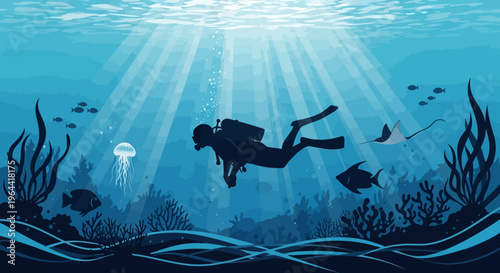 Scuba diver exploring underwater scene with coral reef and sunbeams in blue ocean