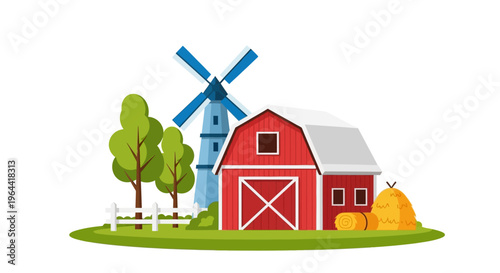 Flat illustration of a red barn with a windmill and trees on a green field against a white background