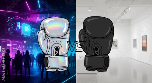 Two boxing gloves symbolize a competition between digital and traditional art scenes