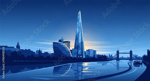 Stylized cityscape with iconic skyscraper and bridge over a river at dusk