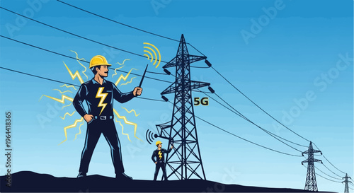 Electrician connecting to power lines with 5G technology
