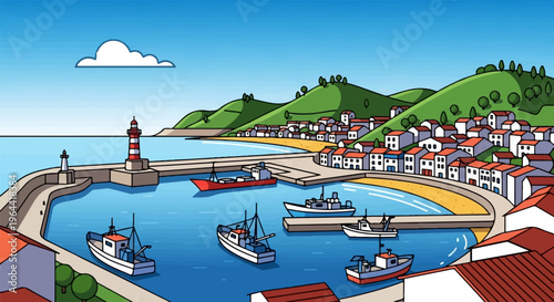 Cartoon harbor scene with houses, hills, boats, and lighthouses