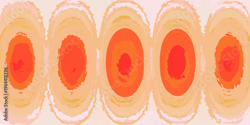 Abstract composition featuring vertically aligned wavy orange and red shapes