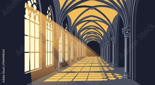 Sunlight streams through gothic windows into a long, arched hallway