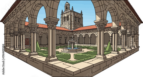 Arched cloister surrounding a courtyard with a fountain and manicured gardens