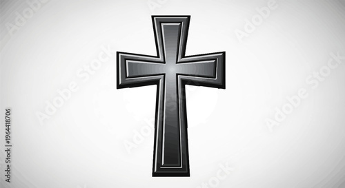 A stylized, metallic-looking cross with a gradient of grays against a white background