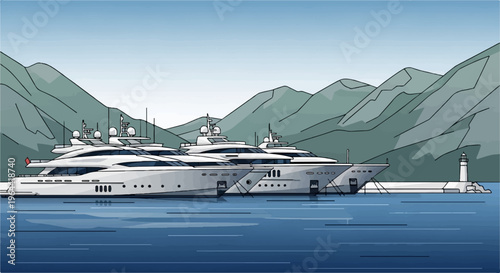 Three luxury yachts docked near a lighthouse against mountainous backdrop