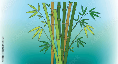 A stylized illustration of a cluster of bamboo stalks and leaves against a gradient sky