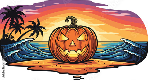 A spooky jack-o-lantern sits on a tropical beach at sunset with crashing waves