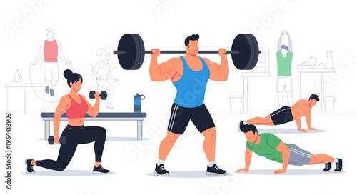 People exercising with weights and bodyweight in a gym setting for fitness