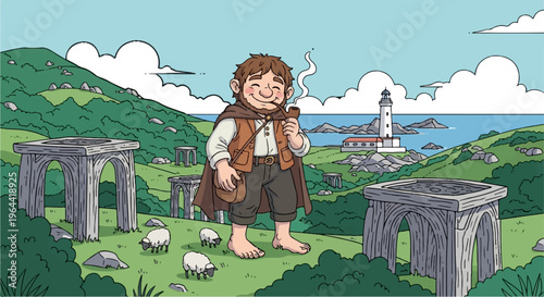 A happy, barefoot hobbit smokes a pipe near ancient ruins and a lighthouse