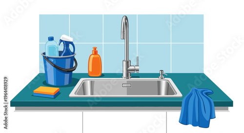 Illustration of a kitchen sink with cleaning supplies on the countertop against a tiled wall.
