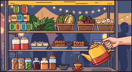 A hand pours tea from a kettle at a vibrant outdoor food stall at night