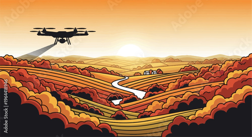 Aerial drone surveys autumn farmland, guiding a path towards distant houses