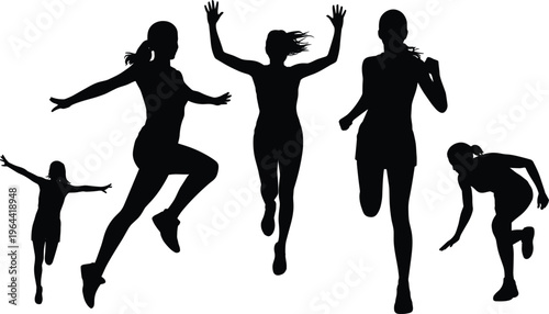 Female athlete silhouettes in running and jumping poses perfect for fitness sports design active lifestyle branding and dynamic motion graphics