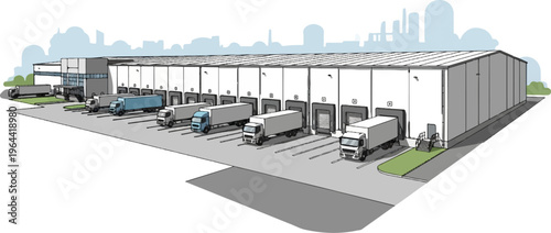 Trucks parked at loading docks of a large warehouse