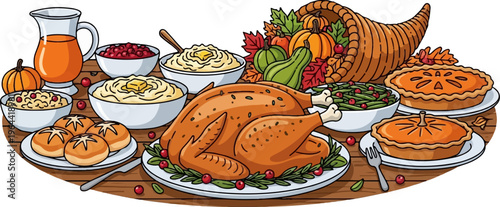 Abundant Thanksgiving feast with roasted turkey, pies, and harvest bounty
