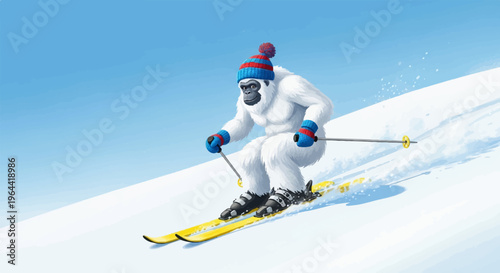 A furry white creature in winter attire skis downhill on a snowy slope