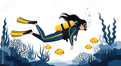 Illustration of a scuba diver exploring an underwater coral reef with fish.