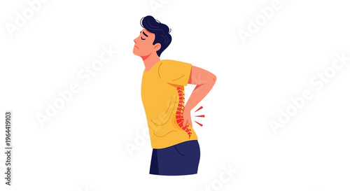 Illustration of a man clutching his lower back in pain against a white background