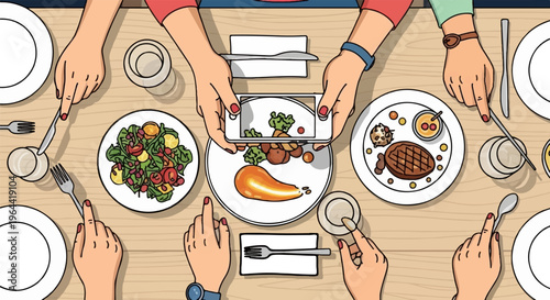 A bird's eye view of a group of people dining together at a table, capturing a meal with a phone