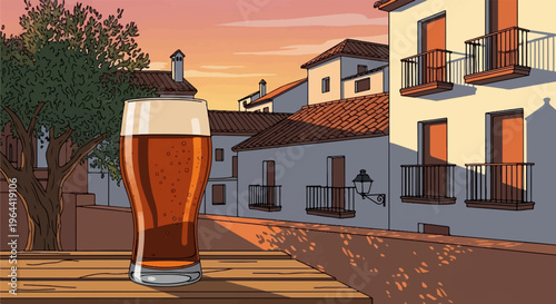 A tall glass of amber beer sits on a wooden table, with buildings behind
