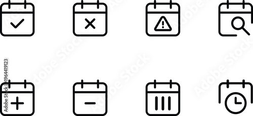 A collection of simplified graphic icons representing various calendar functionalities and alerts isolated on transparent background