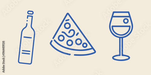 Wine pizza slice and glass doodle icons simple vector set Doodle food icons wine bottle pizza slice and glass illustration