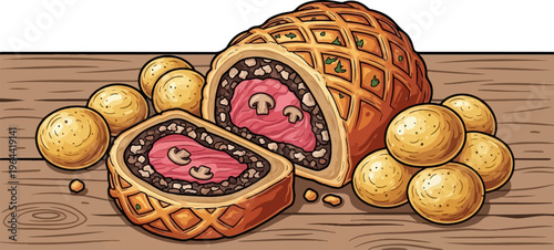 A stylized illustration of a beef Wellington and roasted potatoes